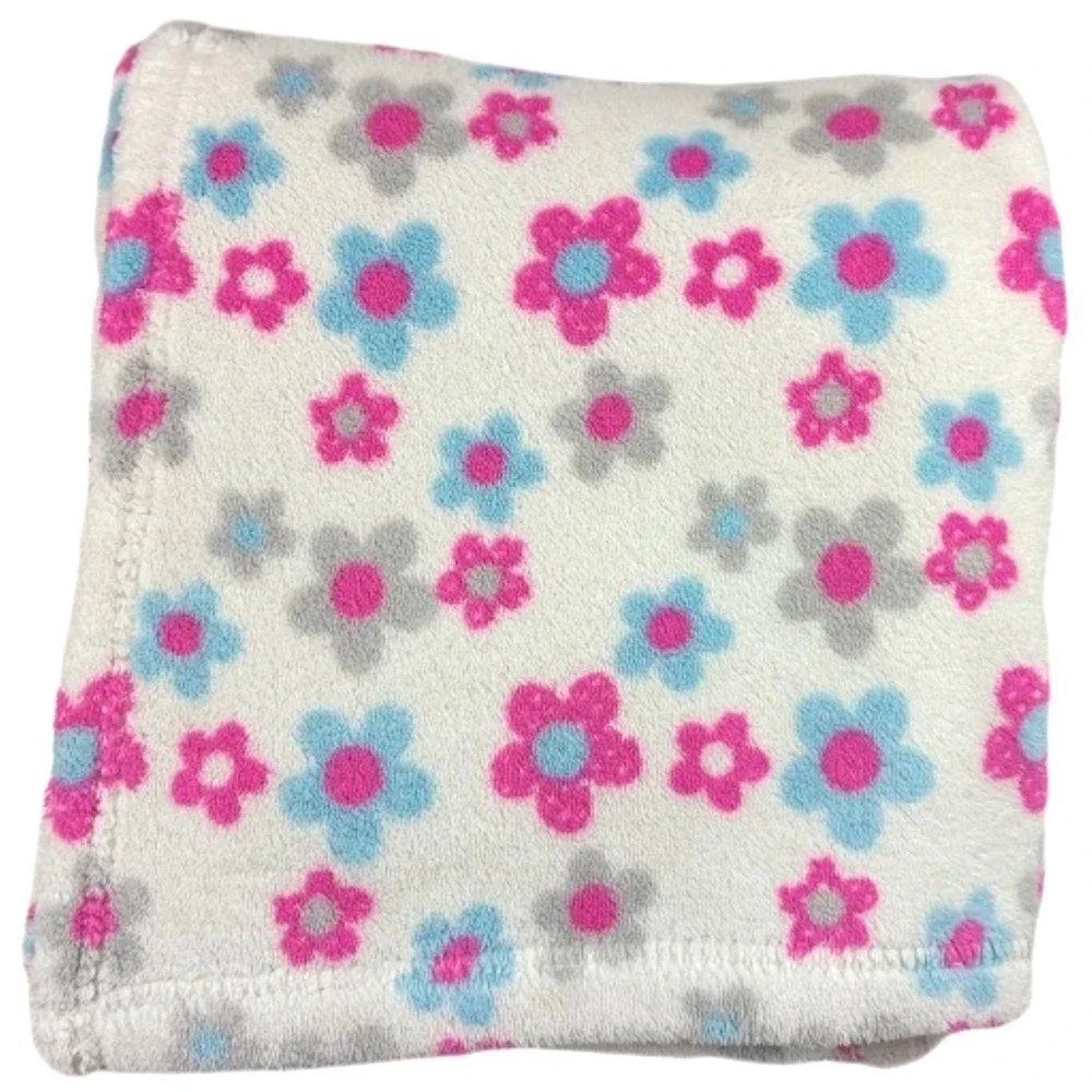 Forever Baby‎ Fleece Flower Blanket White Pink Blue Gray Floral Security Girl